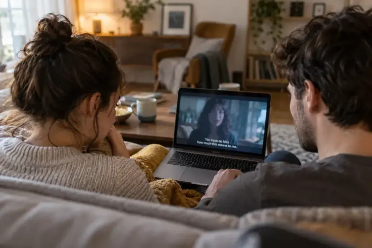 Two adults looking at people on a laptop screen.