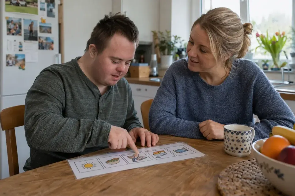 An adult and supporter discussing a simple picture schedule on a kitchen table.