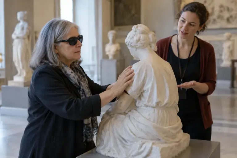 A museum visitor exploring an approved tactile replica with a guide nearby.