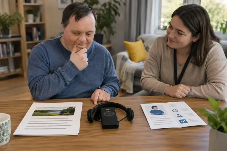 Adult choosing between large-print page, audio player and plain-language leaflet with support worker listening nearby.