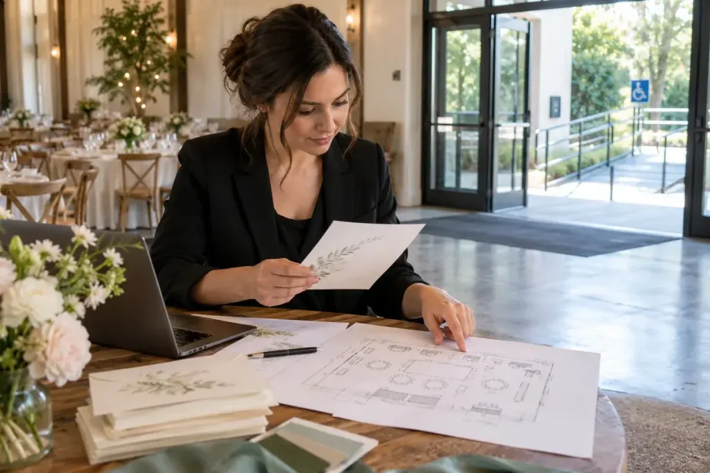 An organiser checking an event invitation beside a laptop.