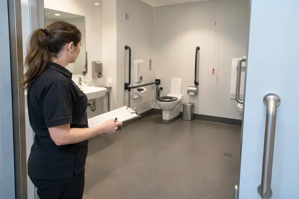A venue worker checking an empty spacious accessible toilet doorway with grab rails and clear floor space, no person using toilet, realistic facilities editorial photo.