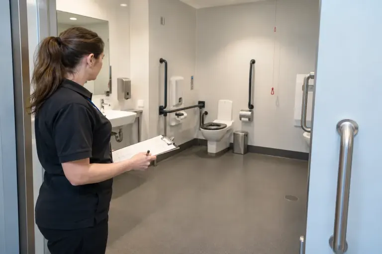 A venue worker checking an empty spacious accessible toilet doorway with grab rails and clear floor space, no person using toilet, realistic facilities editorial photo.