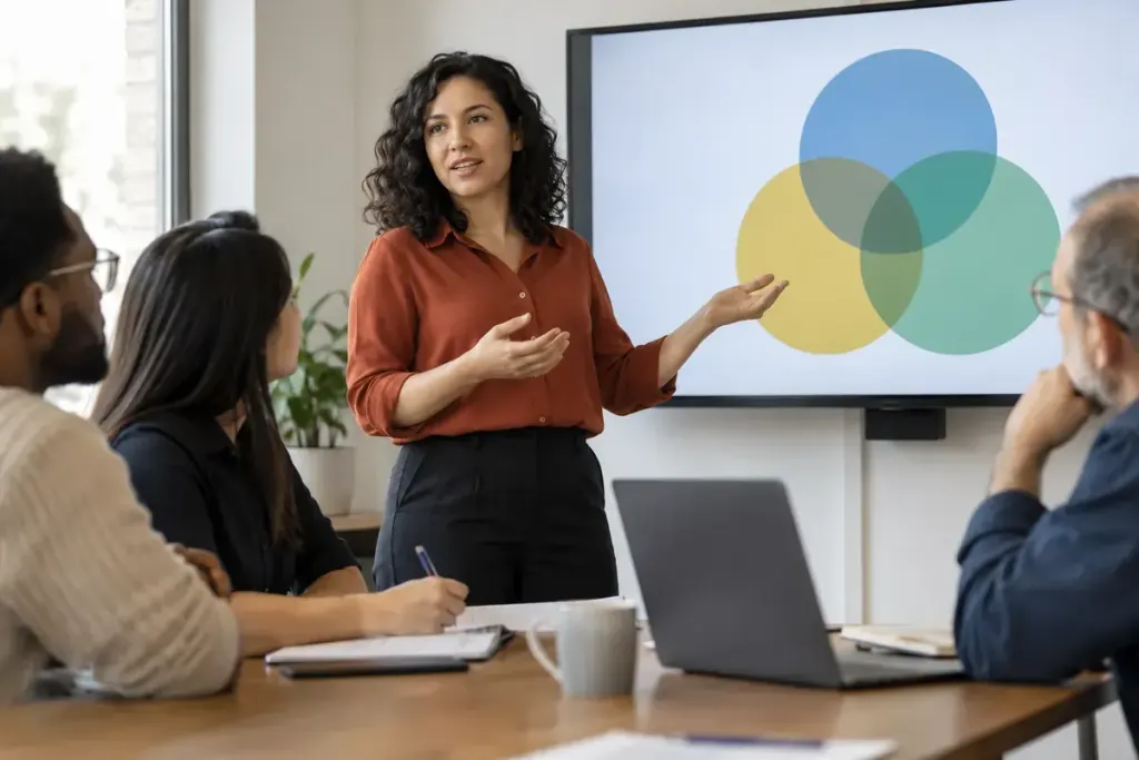 A presenter describing a simple abstract diagram to a mixed audience in a small meeting room.