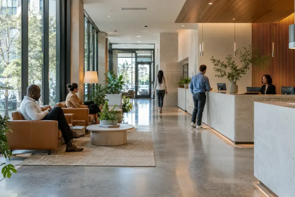 A spacious reception area with a seated waiting option and a clear accessible route.