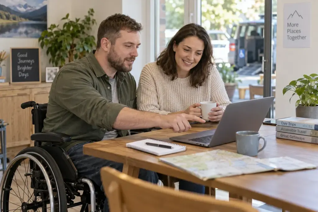 A wheelchair user checking a return travel booking with a companion at a table.