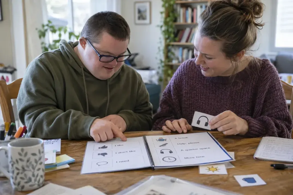Adult with a support person preparing a short communication preferences booklet together, equal participation, no diagnostic labels or patient data.