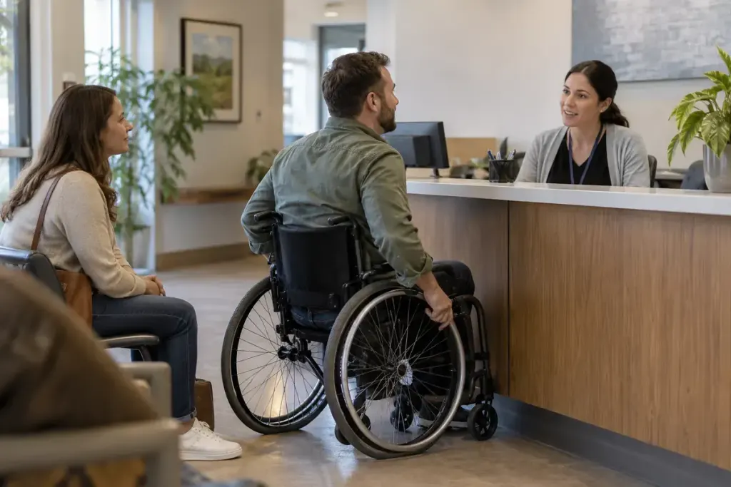 A receptionist speaking directly with an adult wheelchair user while a companion sits nearby.