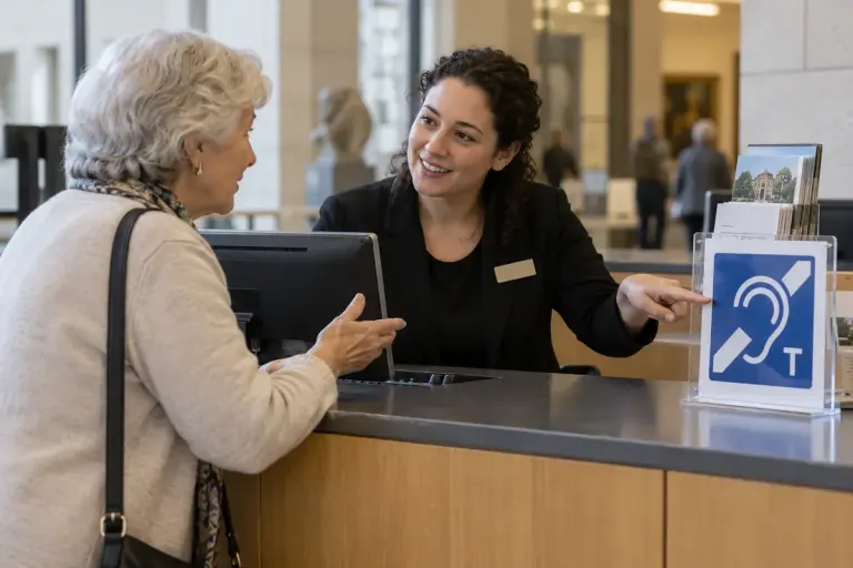 A visitor asking a service-desk worker about a hearing loop with a clear loop symbol nearby.